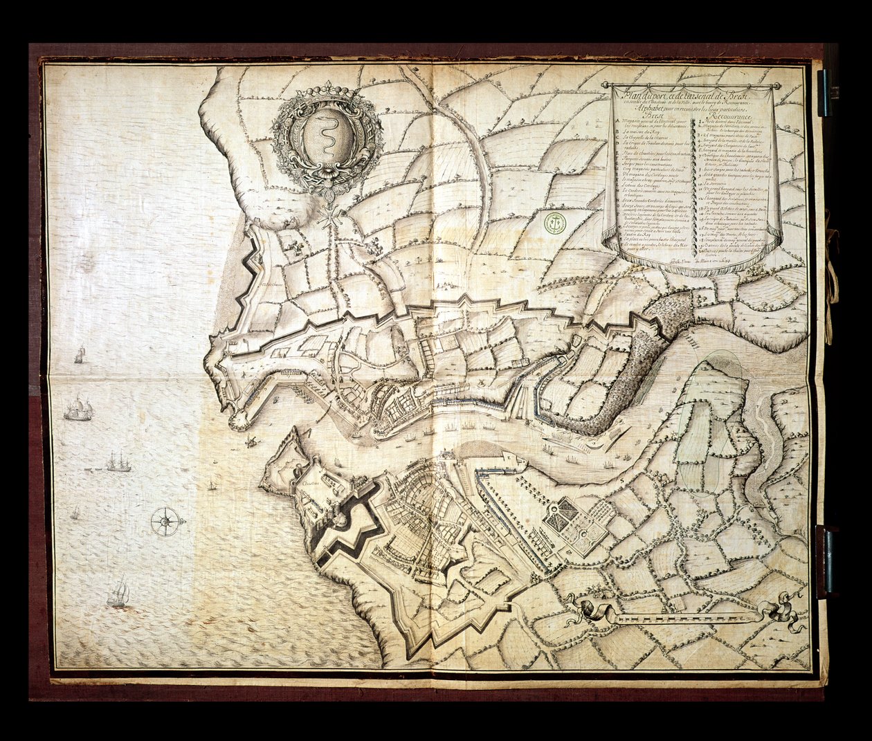 Plan över hamnen och Arsenalen i Brest, 1676 (penna & bläck och wc på papper) av French School