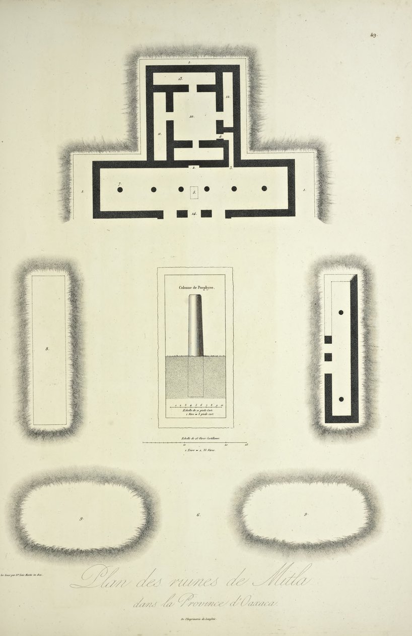 Plan av ruinerna av Mitla i provinsen Oaxaca, illustration från "Views of the Cordilleras and Monuments of the Ursprungsbefolkning i Amerika" av Alexander von Humboldt och Aime Bonpland av French School