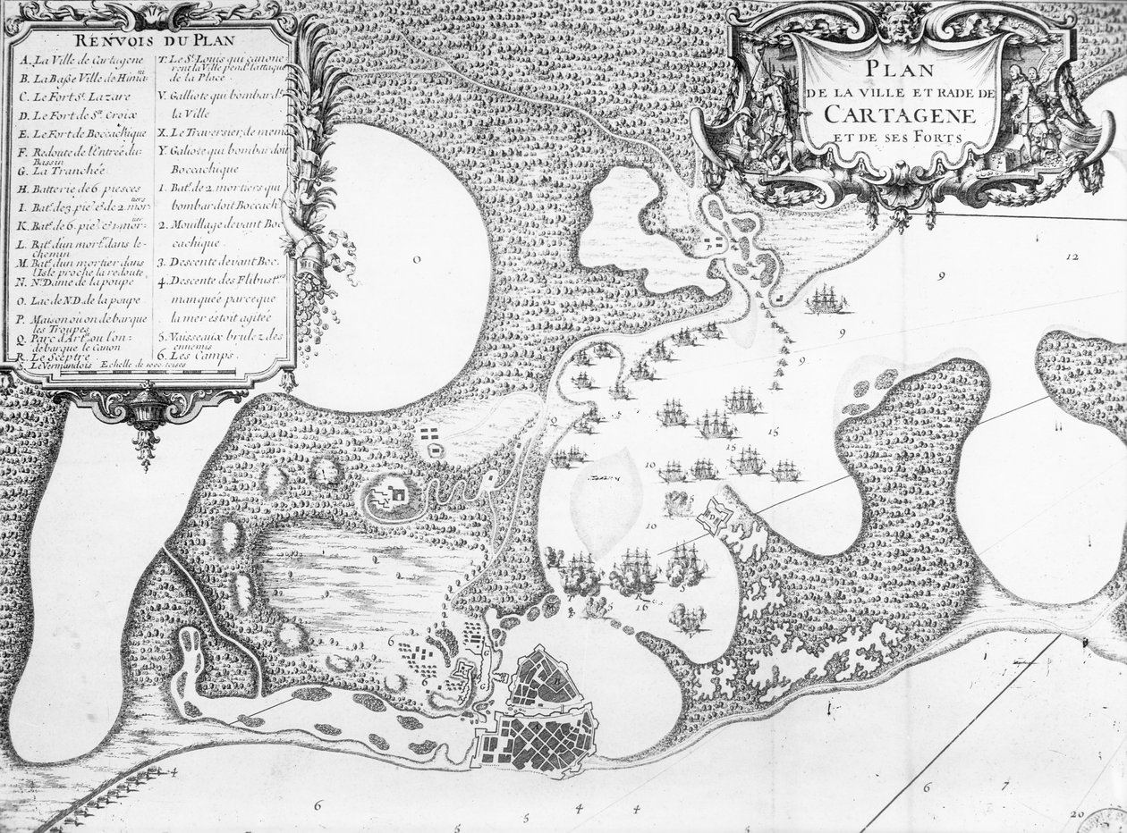 Plan över staden och hamnen i Cartagena, Colombia, 1697 av French School