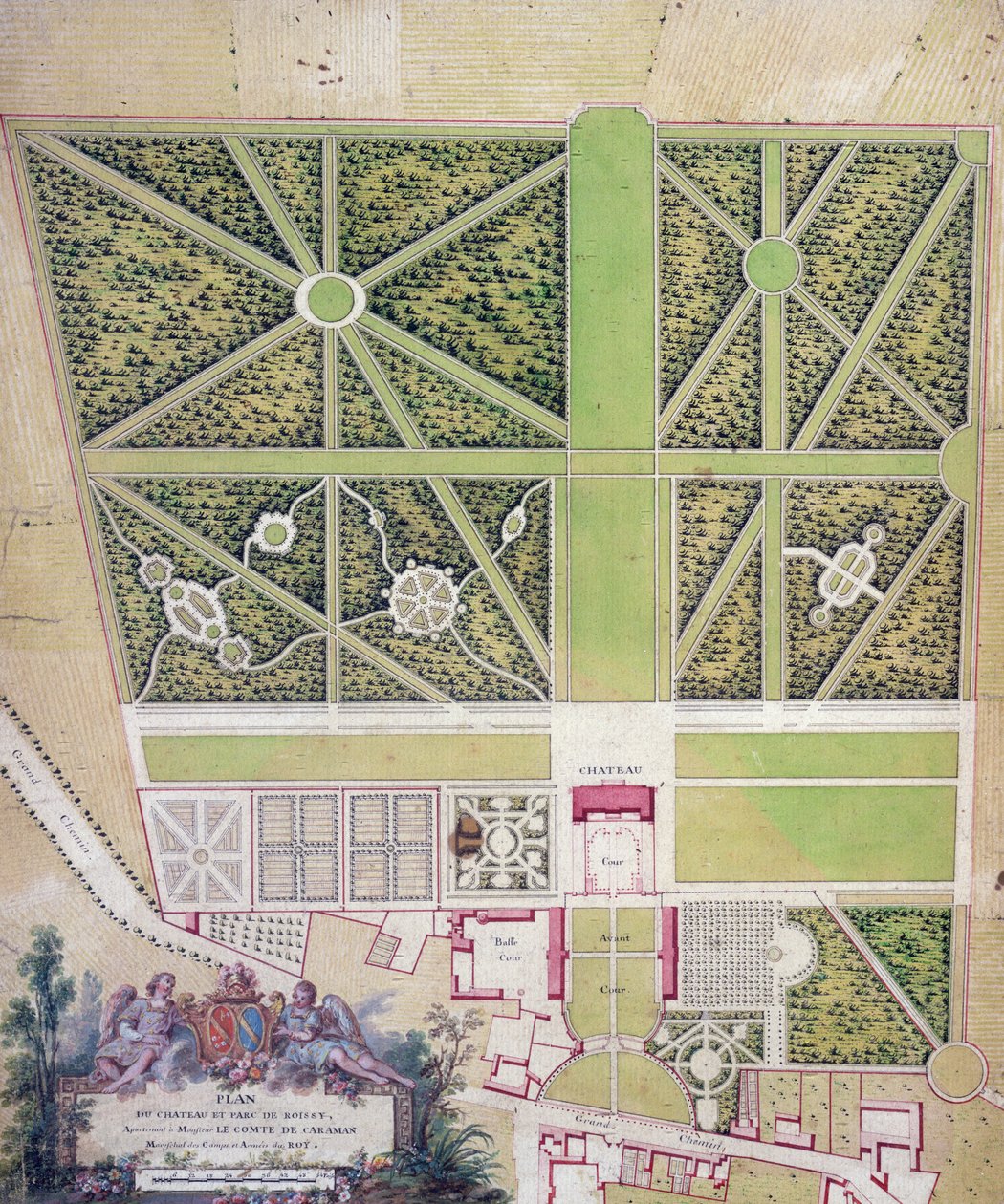 Plan över slottet och parken vid Roissy, tillhörande Comte de Caraman (penna och bläck & wc på papper) av French School