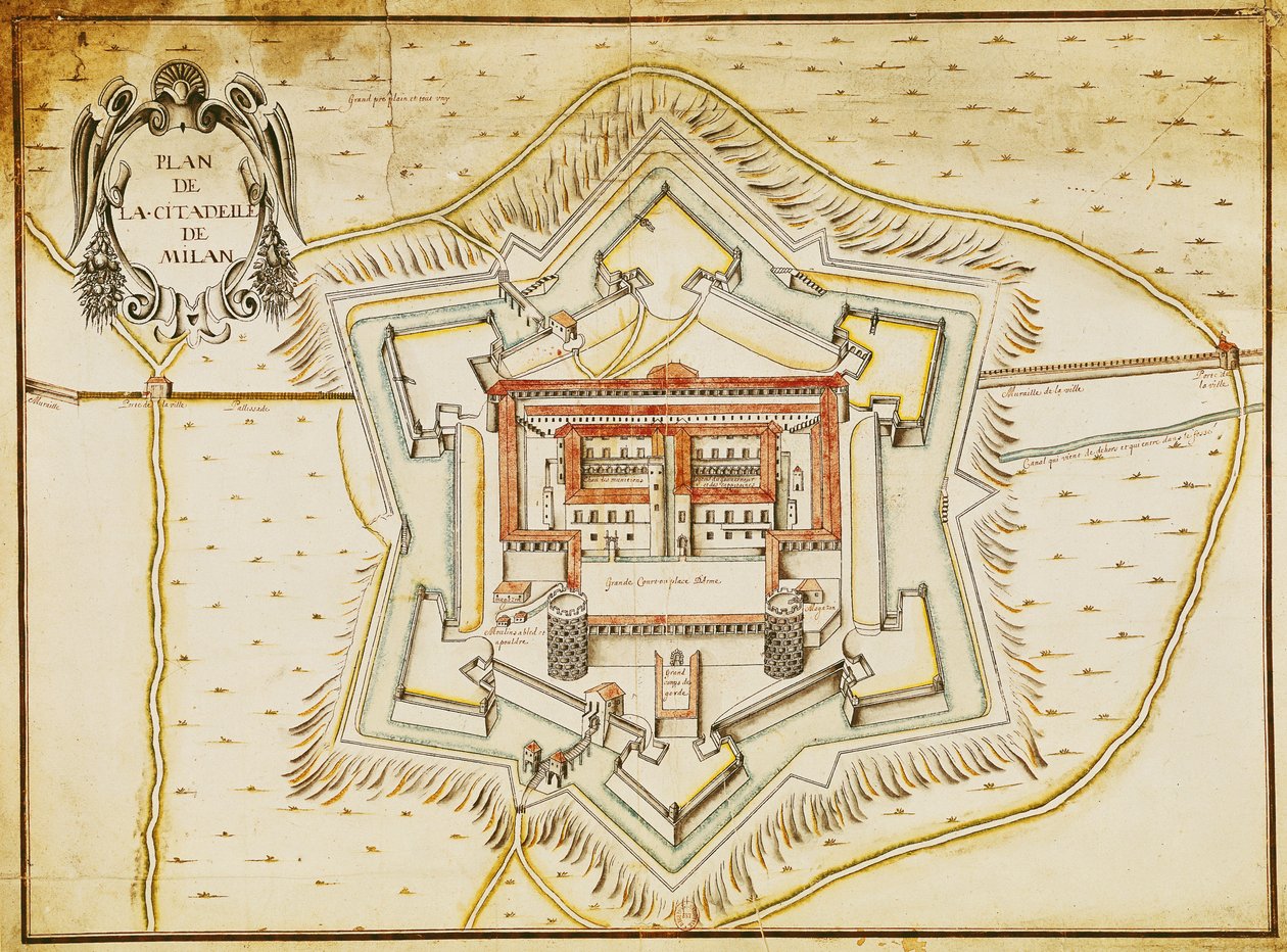 Plan över citadellet i Milano (penna & bläck och wc på papper) av French School