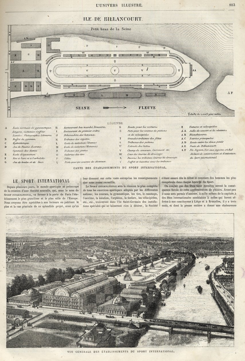 Plan för etableringen av International Sport, som måste byggas på ön Billancourt 1869 - allmän bild av etableringarna av internationell sport på ön Billancourt 1869 av French School