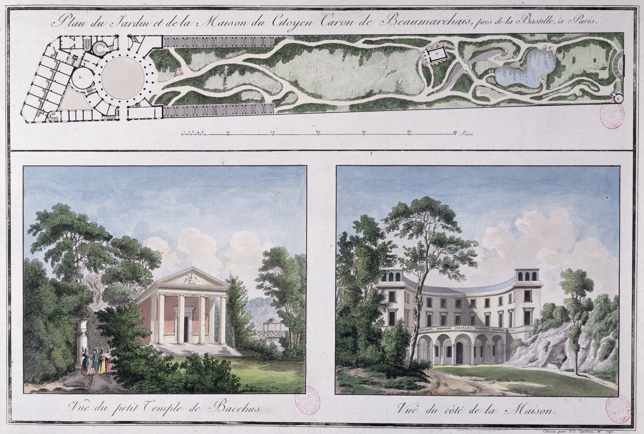 Plan över trädgården och huset byggt för Pierre Augustin Caron de Beaumarchais (1732-99) av Lemoine, ca 1784 av French School