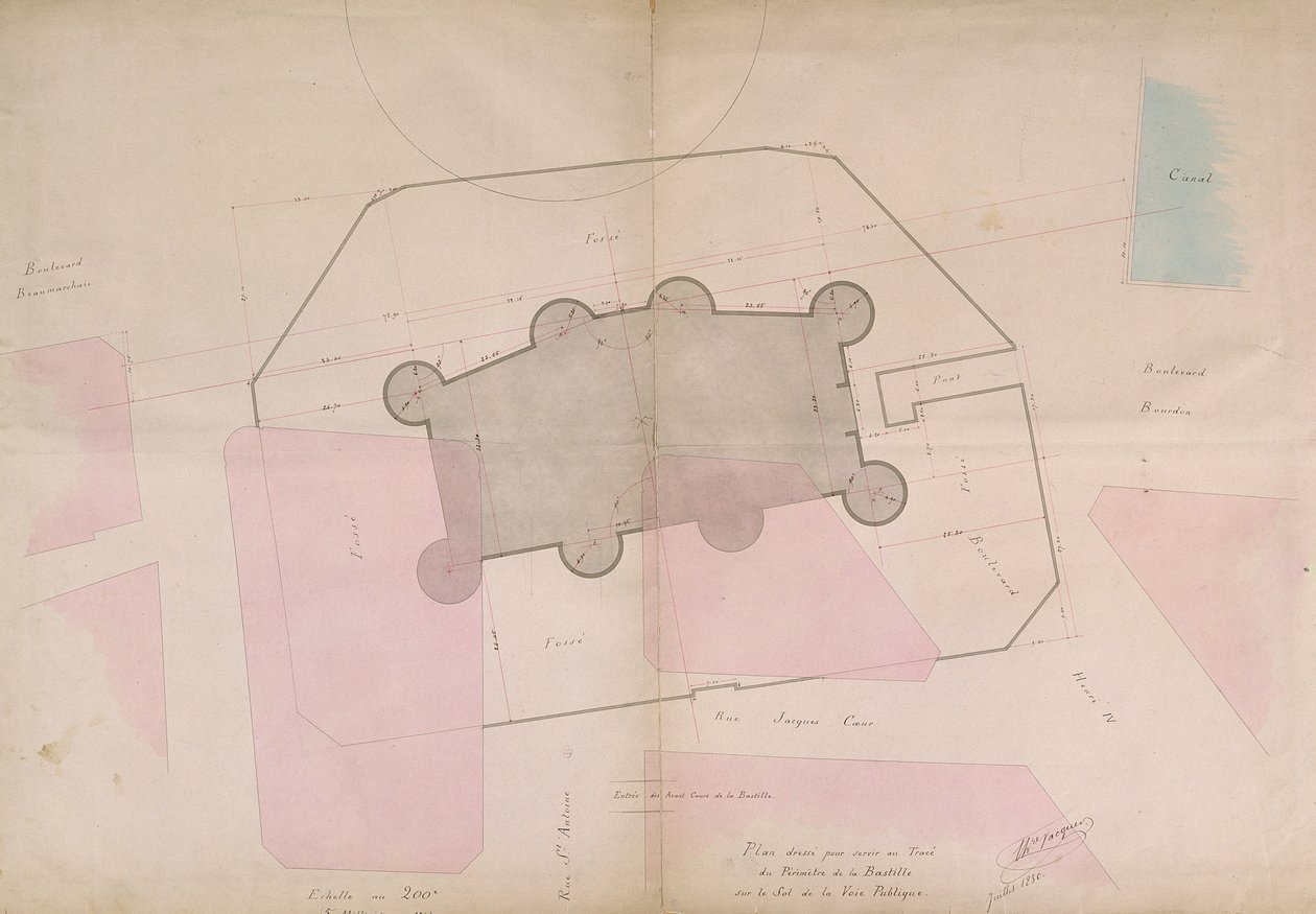 Plan som visar omkretslinjerna för Bastiljen, 1830 av French School