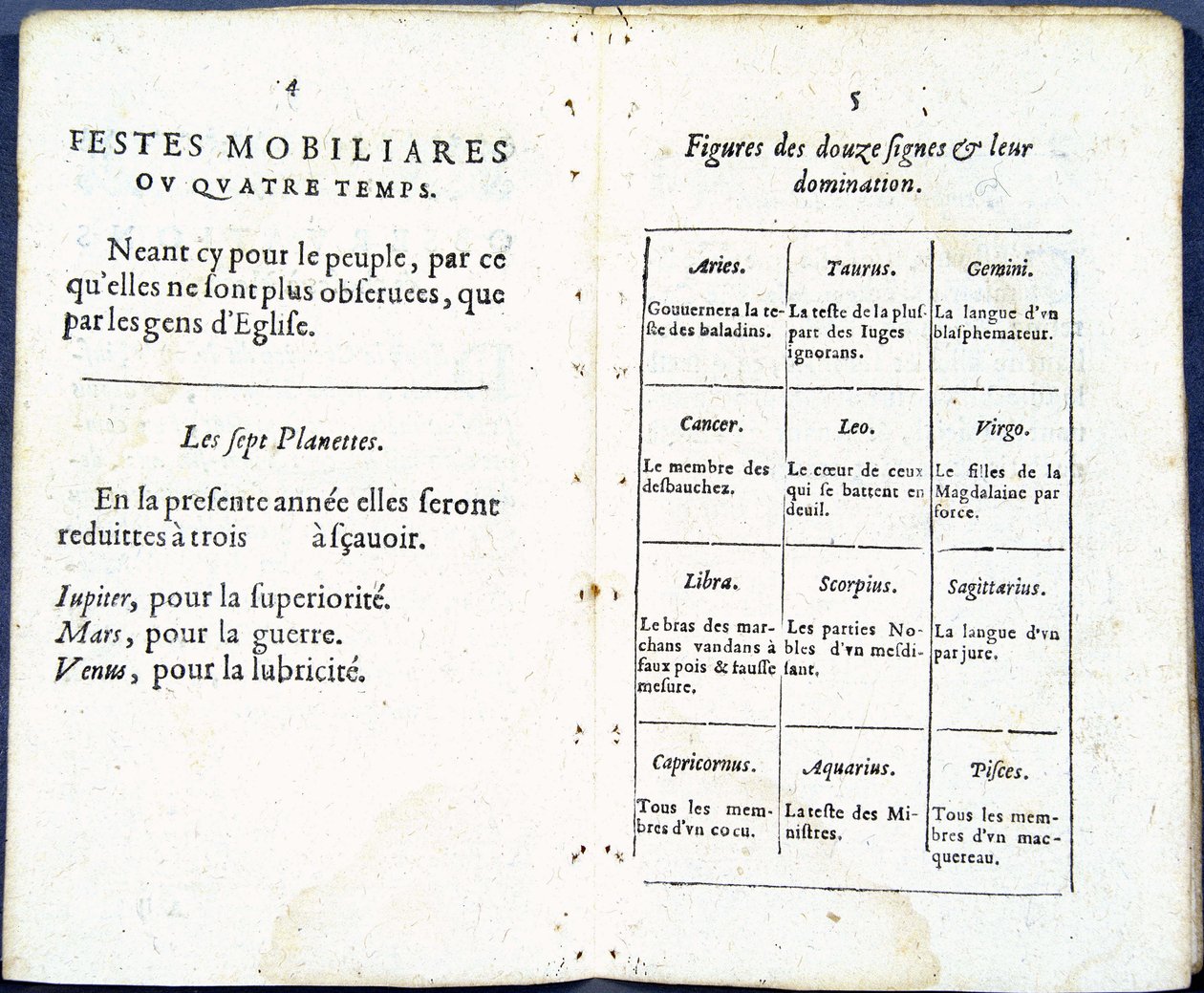 Planeter och astrologiska tecken behandlade humoristiskt - i "Almanach pour le temps passe"", av Jean Guerin av French School