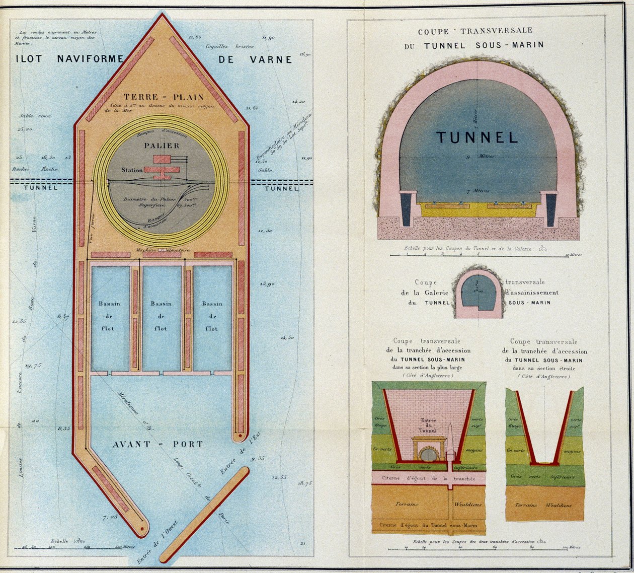 Planer av "" minnet på planerna för det nya projektet för en undervattenstunnel mellan England och Frankrike producerade vid världsutställningen 1867"" av M.A. Thomé de Gamond av French School