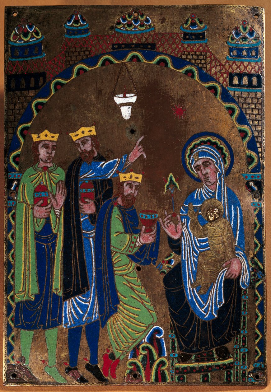 Plaquet av det stora altaret i Abbey of Grandmont: Adoration of the Magi. Emalj dore och mejsel på koppar. 1275-1300. Från Limoges. Paris, Nationalmuseet för medeltiden, Thermes de Cluny av French School