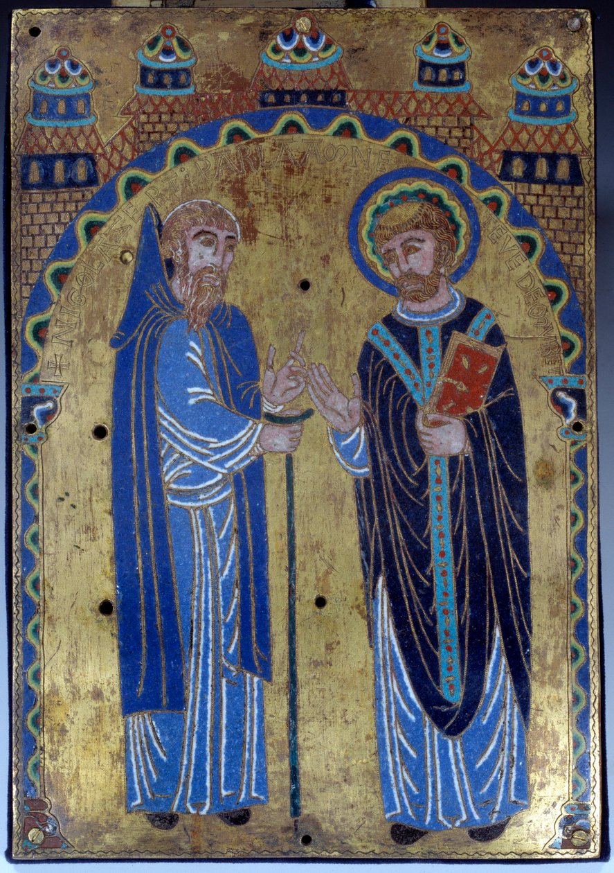 Tavla på det stora altaret i klostret Grandmont som representerar den helige Stefan av Muret, grundaren av Grandmontorden, med sin favoritlärjunge Hugues Lasert (Lacerta). E-post från Limoges. 1375-1400. Museum för medeltiden i Cluny, Paris av French School