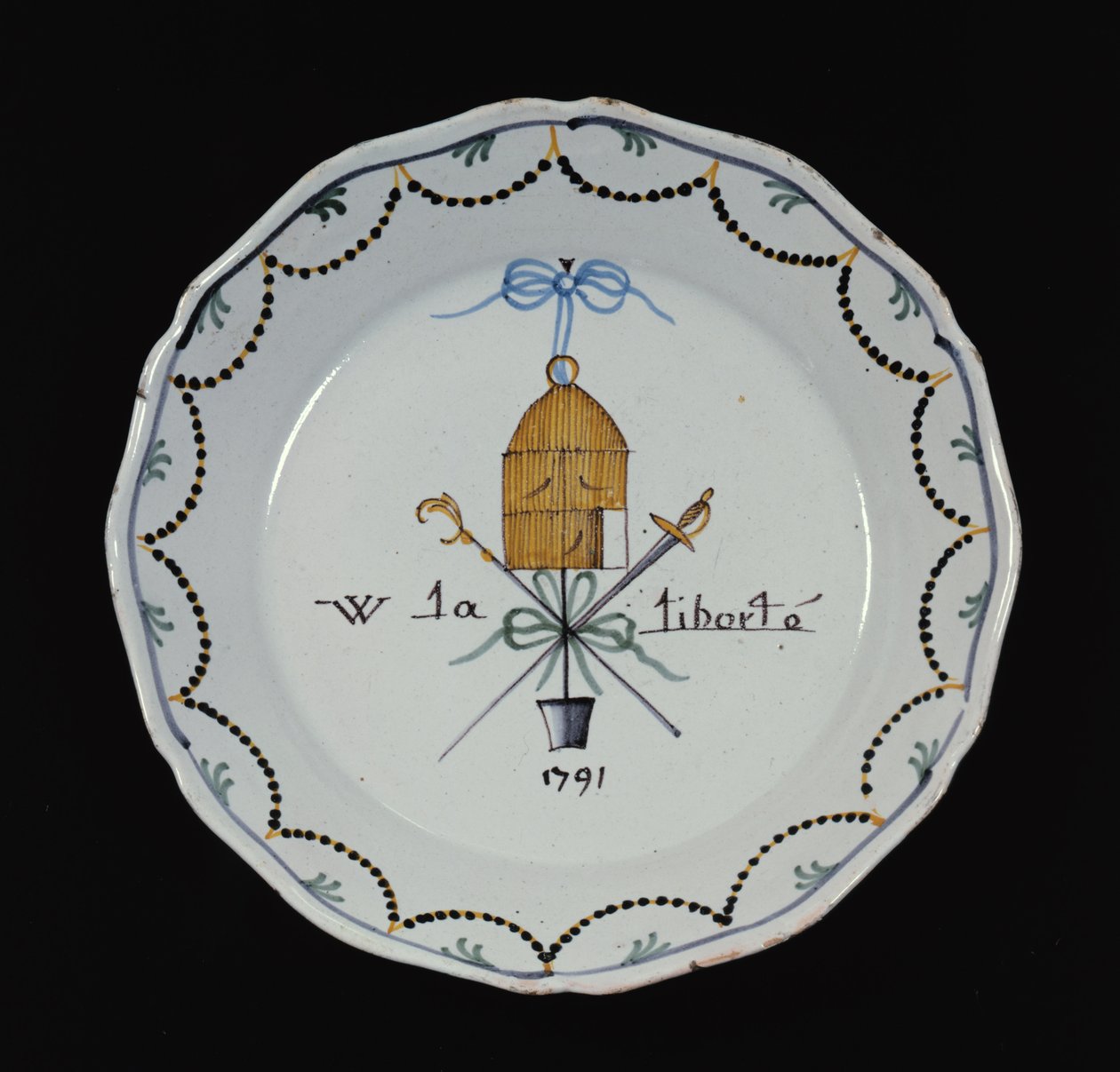 Tallrik med en öppen fågelbur och legenden Vive la Liberte, 1791 (keramik) av French School