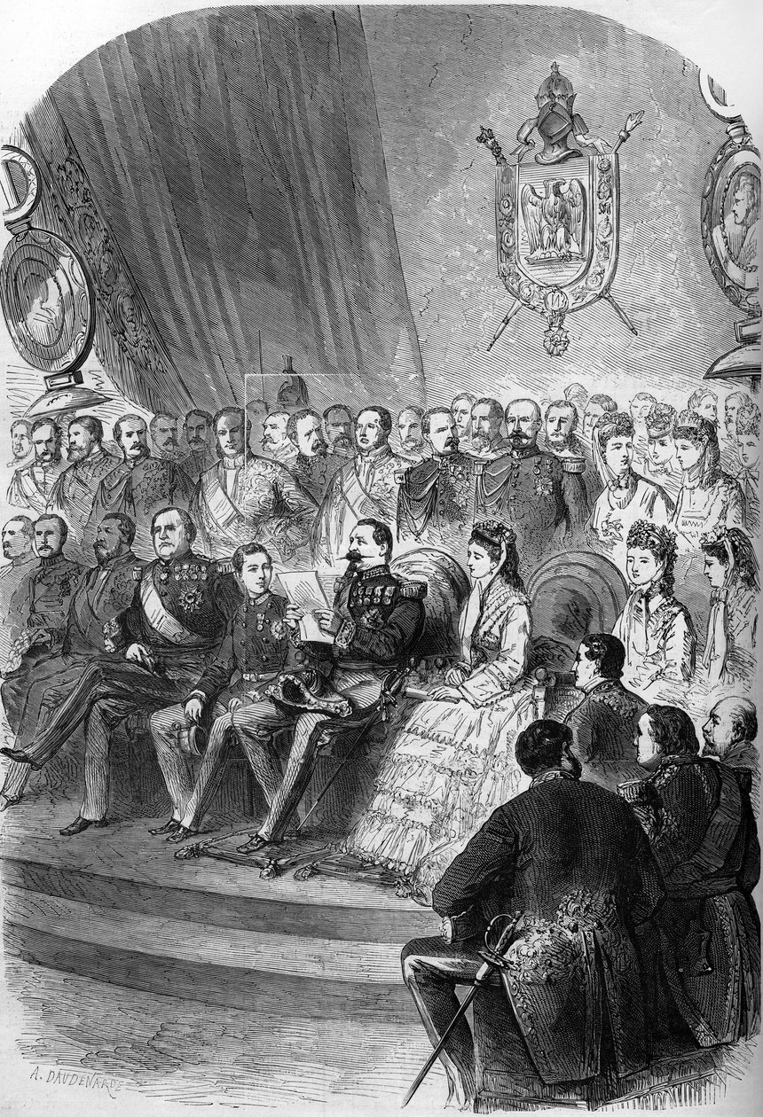 Folkomröstning 1870: presentation av den officiella förklaringen av resultaten till Napoleon III (1808-1883). På plats finns också kejsaren Eugenie de Montijo (1826-1920), hennes son Prince Imperial (1856-1879), prinsessorna Mathilde Bonaparte (1820-1904)  av French School