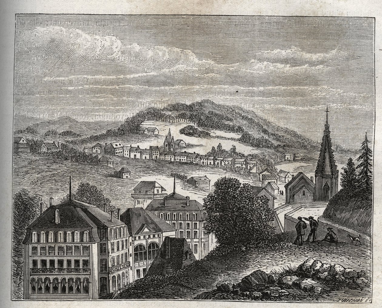 Plombieres-les-Bains (Plombieres les Bains) termalorten Vosges - gravyr i "La France illustree: geografi, historia, statistisk administration" av V.A. Malt-brunt. 1884 av French School