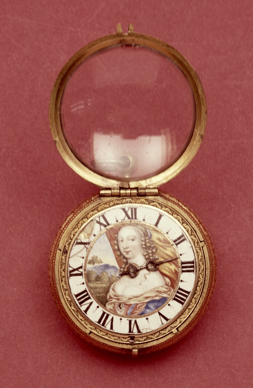 Fickur med kapitelring i vit emalj, bärande ett porträtt som sägs vara av Anne Marie Louise dOrleans, hertiginna av Montpensier (1627-93), av Jean Hubert, ca 1650 (metallförgylld och emalj) av French School