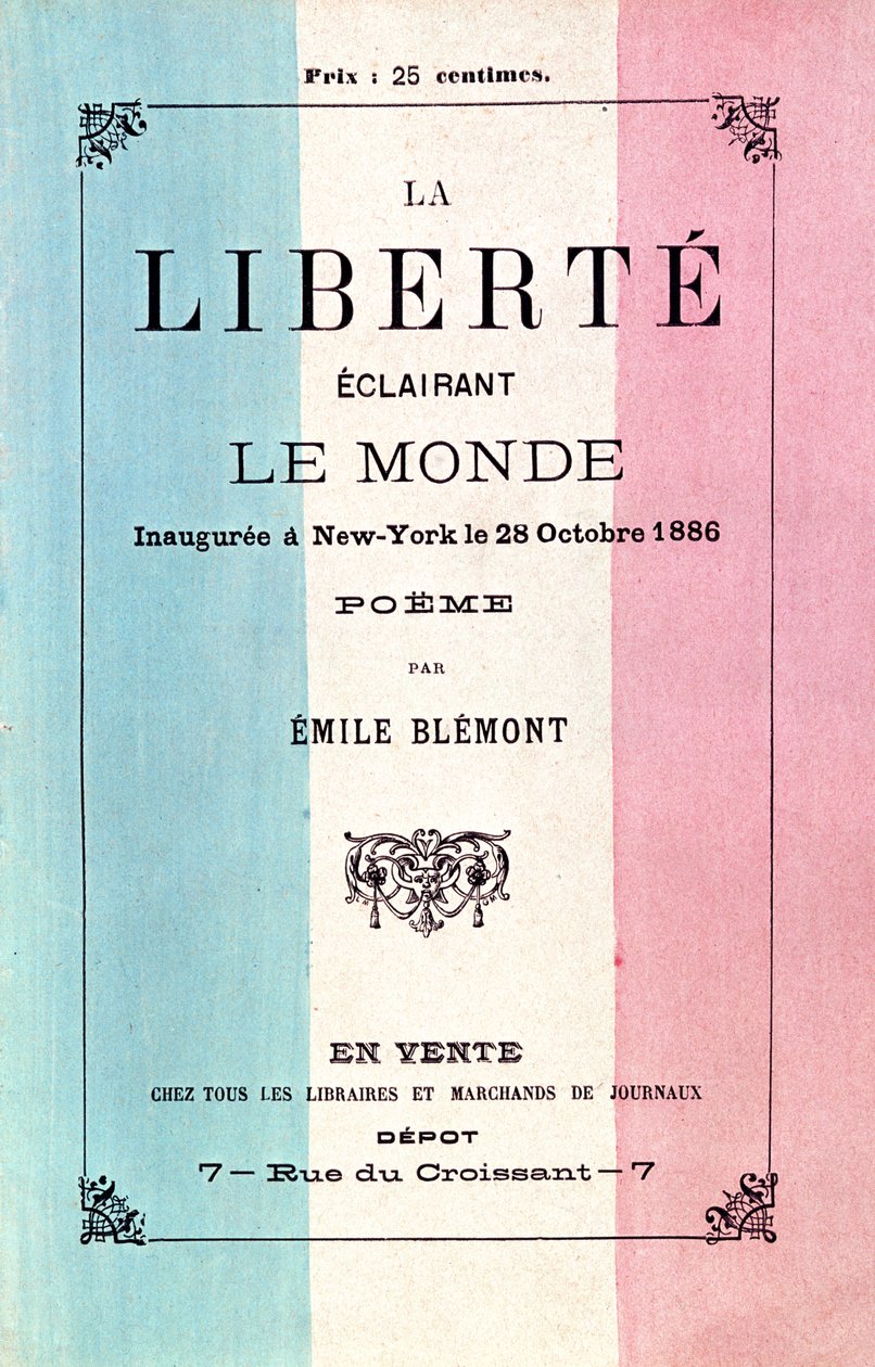 Dikt av Emile Blemont (1839-1927) som firar invigningen av Frihetsgudinnan, 28 oktober 1886 av French School