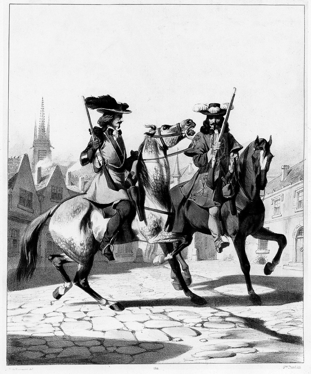 Polisstyrka på 1600-talet: till vänster Archer av provostmarskalken av Ile de France och till höger Archer av löjtnanten - gravyr, Bibl. des Arts deco. av French School