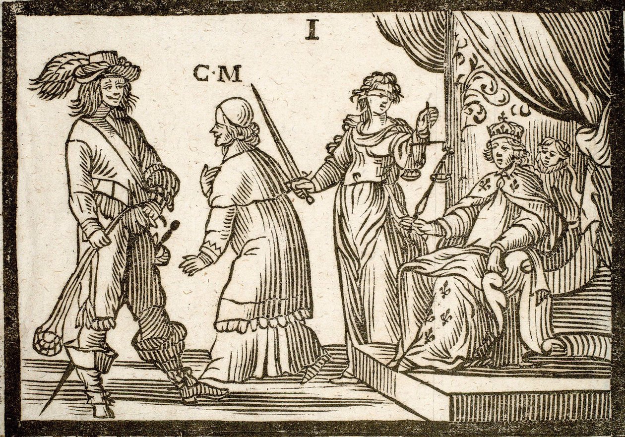 Politiska pamfletter Mazarinade: Mazarin förvisad av Justice and Sling, lämnar kungen (Louis XIII). Graverat trä 1651. av French School