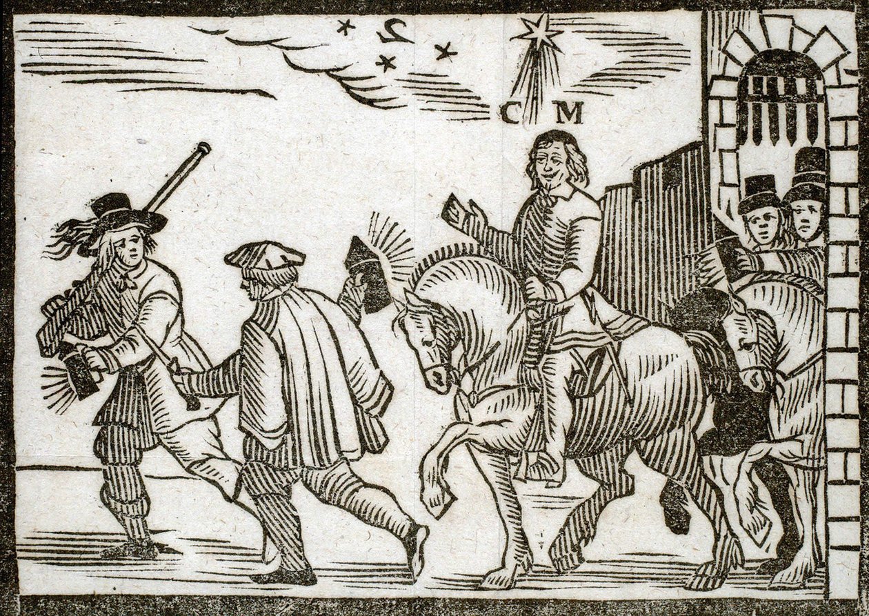 Politiska pamfletter Mazarinade: Mazarin flyr från Paris till häst, mitt i natten, föregås av två betjänter som bär lyktor. Graverat trä 1651 av French School