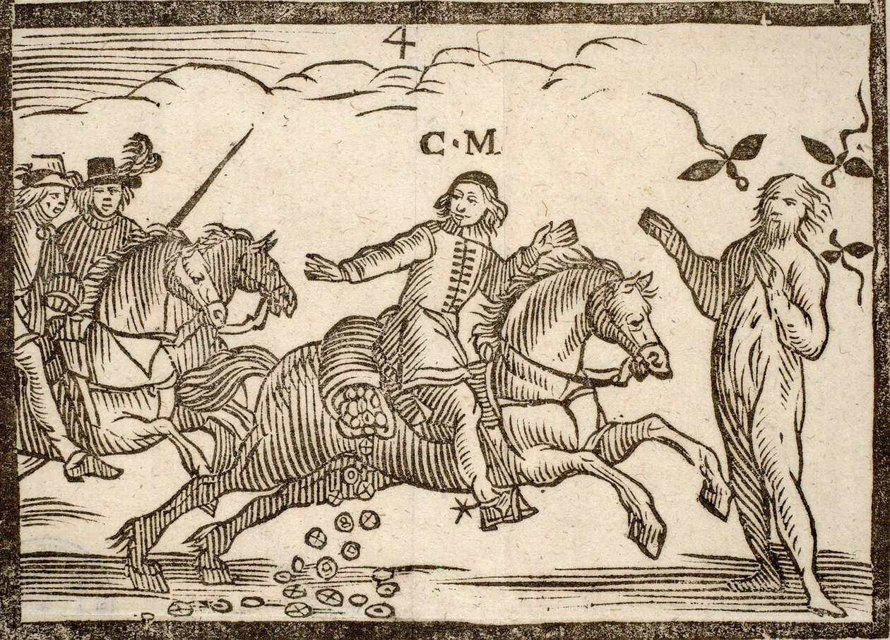 Politiska pamfletter Mazarinade: Mazarin på sin flykt tappar ecus: skuggan av Concini, marskalk av Anchor, står framför honom. Graverat trä 1651. av French School