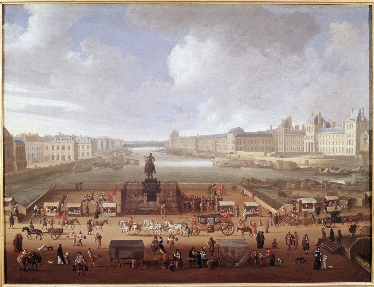 Pont-Neuf, Paris, sett från ingången till Place Dauphine som visar 4 Nations College, Quai Malaquais och Louvren (olja på duk av French School
