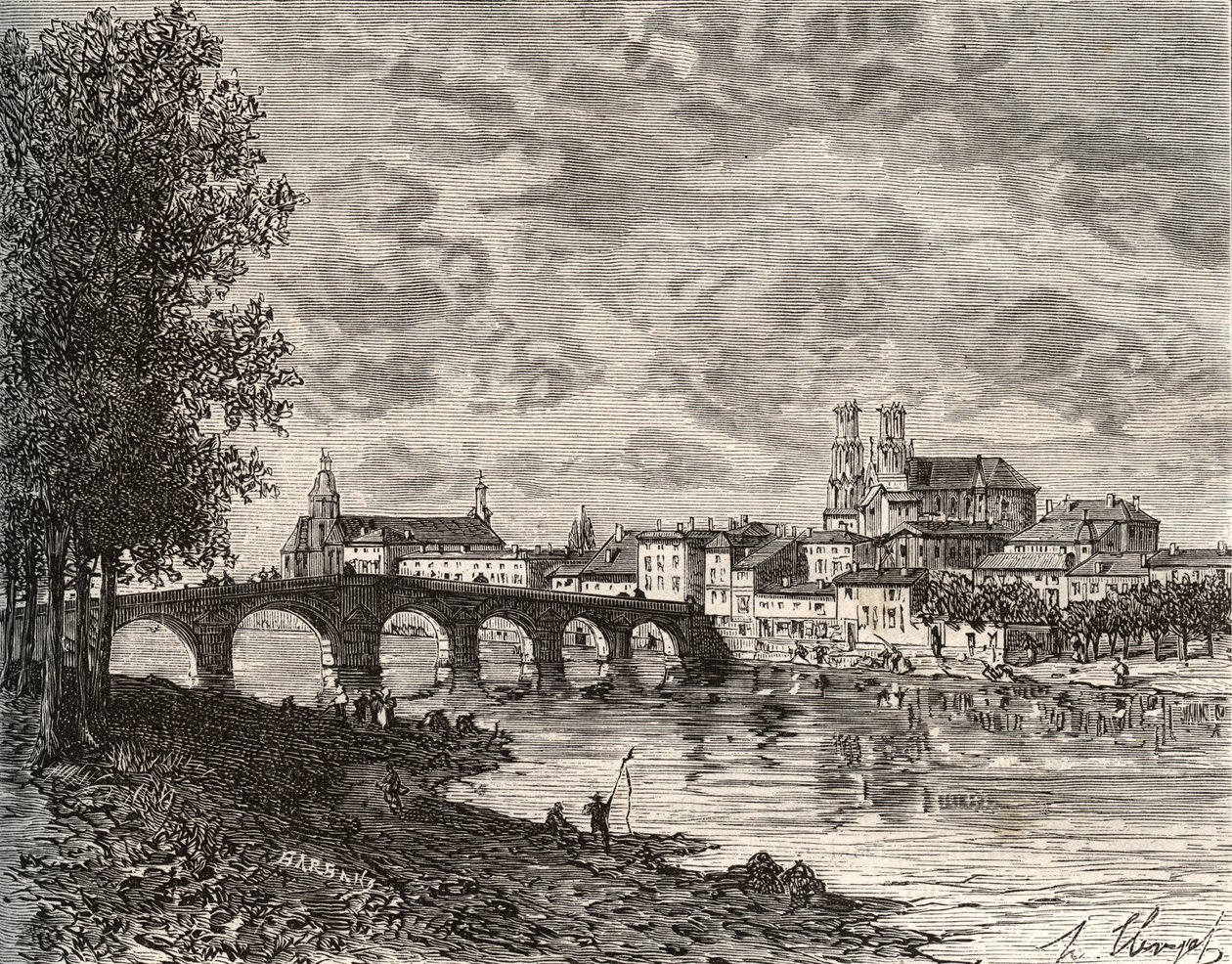 Pont-a-Mousson (Pont a Mousson) - Meurthe-et-Moselle - gravyr i "Frankrike illustrerad: geografi, historia, statistisk administration" av V.-A. Maltbrunt. 1884 av French School