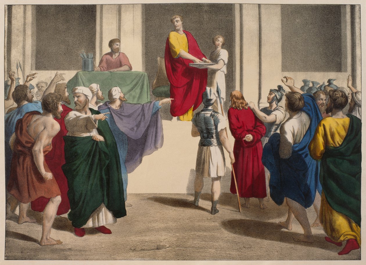 Pontius Pilatus tvättar händerna inför Jesus, illustration från en katekes LHistoire Sainte, utgiven av Charles Delagrave, Paris, sent 1800-tal av French School