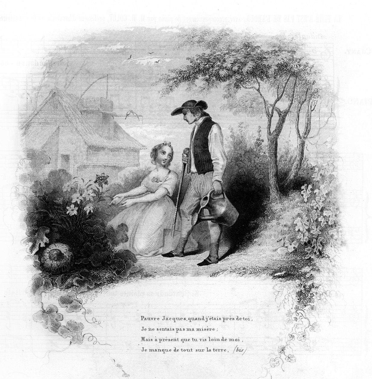 Stackars Jacques. En ung flicka knäböjer framför blommorna nära en trädgårdsmästare. Gravyr i "" Chants et chansons populaire de la France", Tome 2 av French School