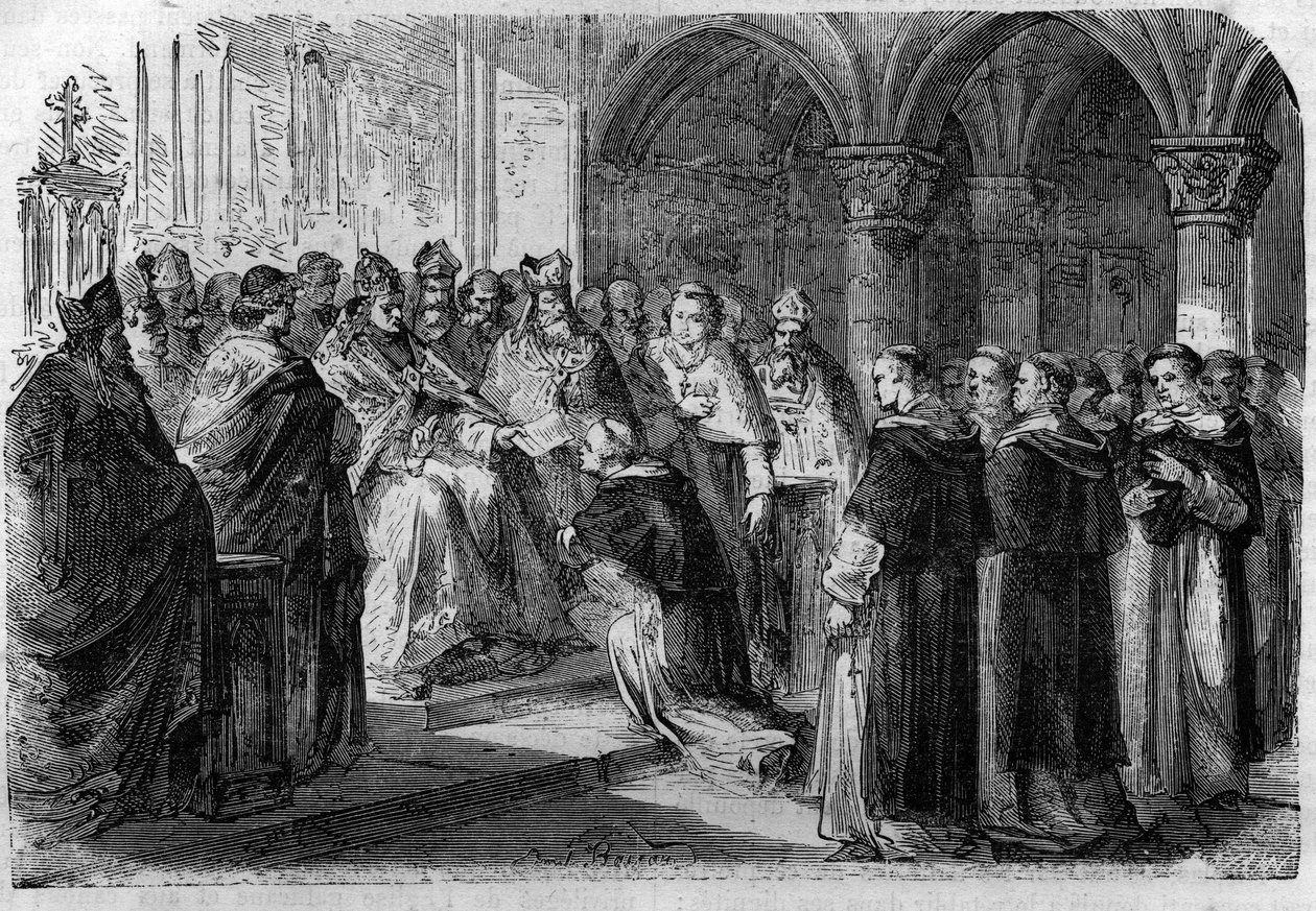 Påven Adrien II (792-872) överlämnade till en av sina legater en bubbla av bannlysning mot Lord Normand. Gravyr i "Histoire des Papes-Rois-Queen and Empereurs a travers les centuries"" av Maurice Lachatre av French School