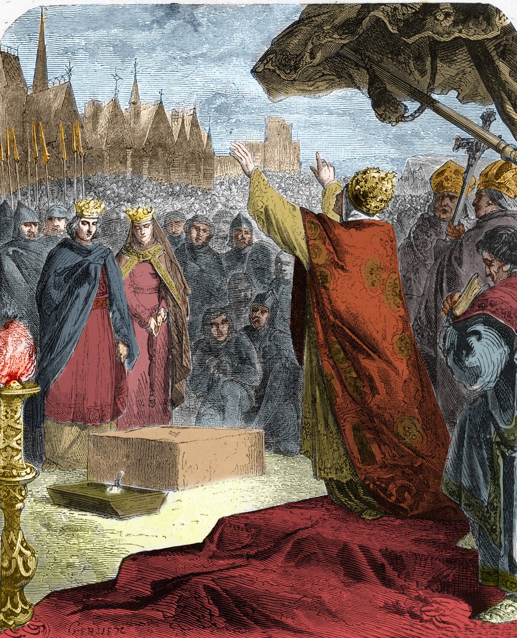 Påven Alexander III (Orlando Bandinelli) (Alessandro III) lade 1163 den första stenen till katedralen Notre Dame de Paris (Notre-Dame) i närvaro av kung Ludvig VII av Frankrike och evequen Maurice de Sully. av French School