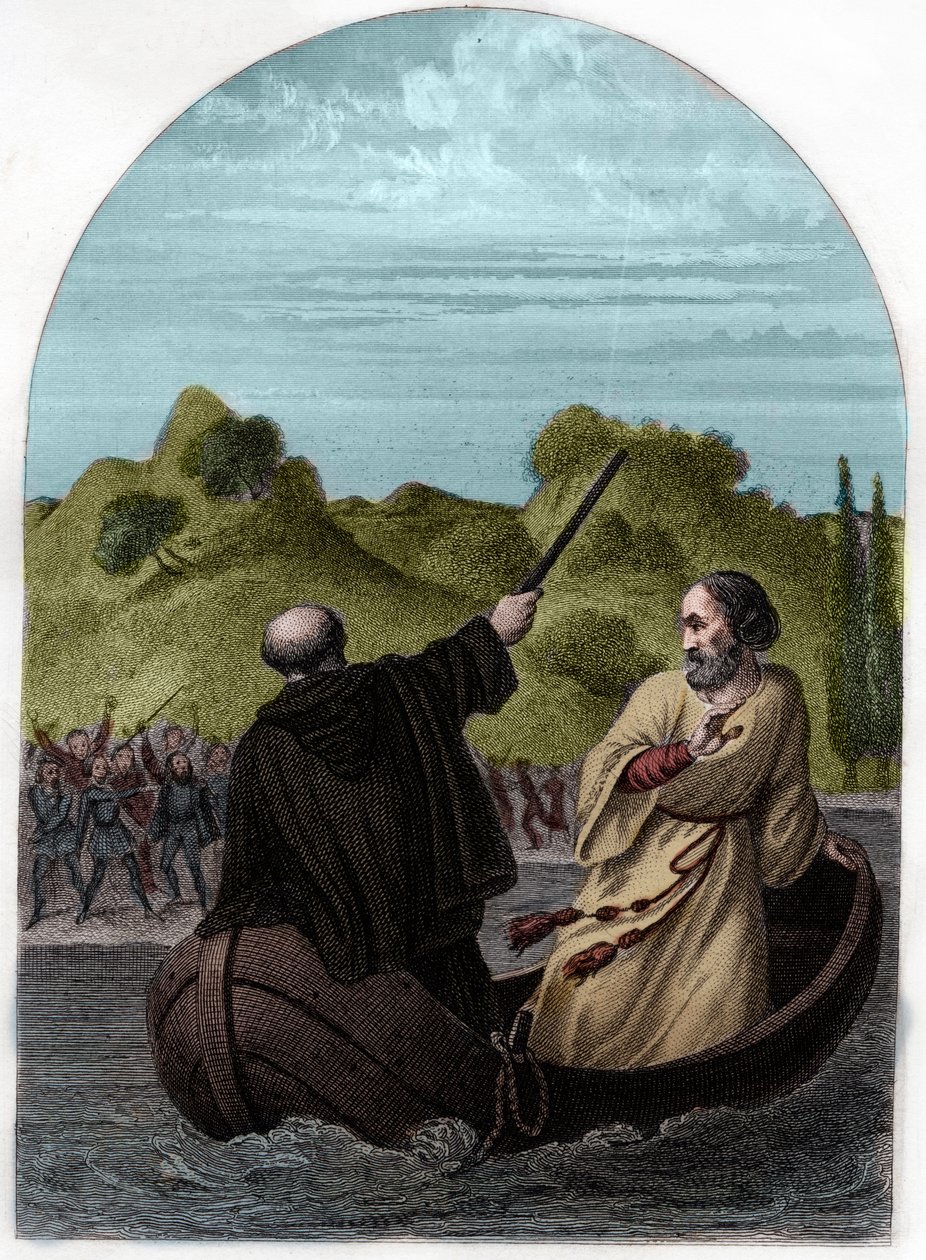 Påven Eugenius IV (Eugenio, Eugenius) (1431-1447) flyr i en båt för att undkomma romarnas ilska - PÅVAN EUGENIUS IV (Gabriele Condulmaro) motsätts av den mäktiga familjen Colonna måste han fly från Rom, medan hans fiender väljer en anti-påve - Gravyr f av French School