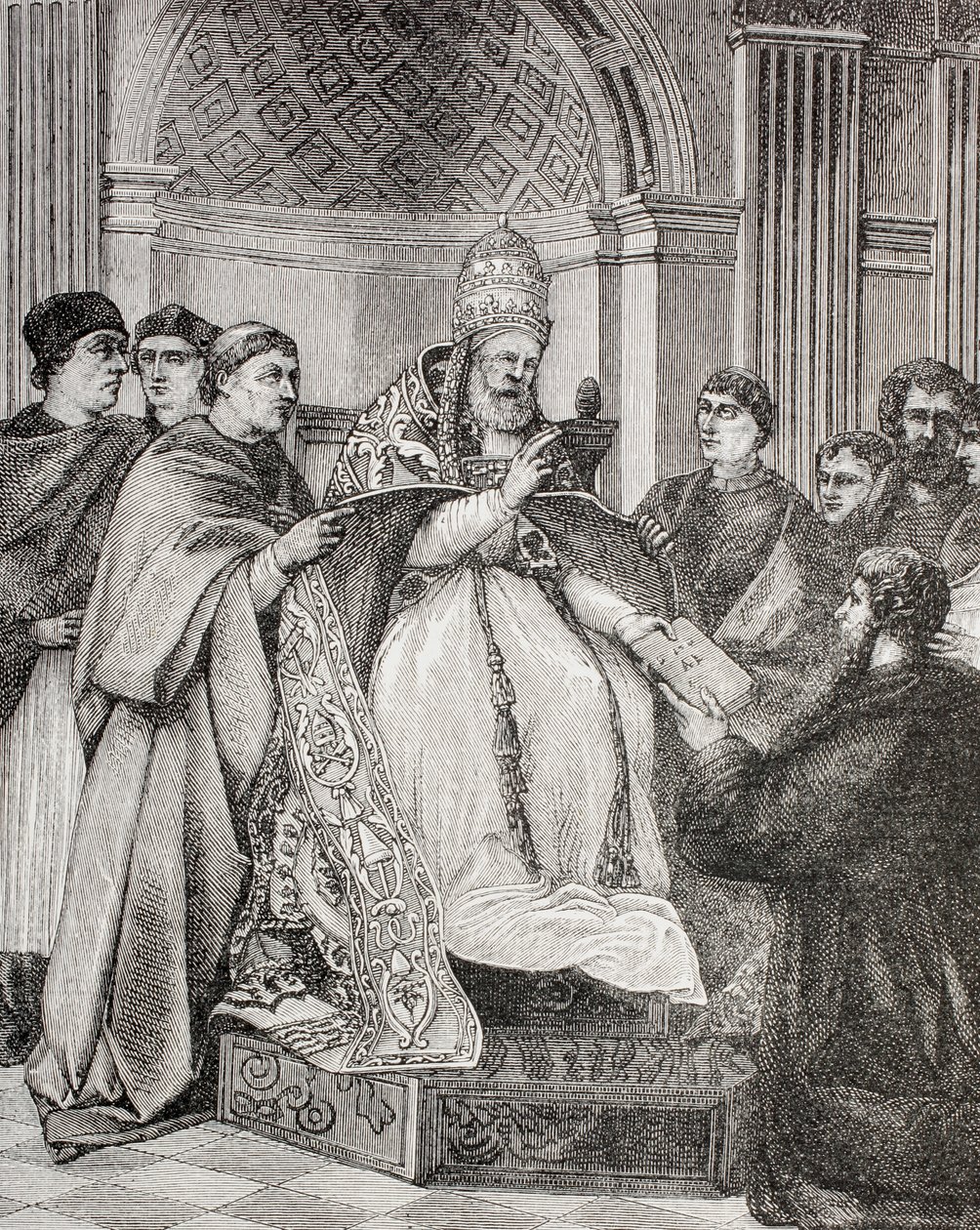 Påven Gregorius IX överlämnar dekreten till en förespråkare för konsistoriet, från "Militärt och religiöst liv under medeltiden" av Paul Lacroix, publicerad i London ca 1880 av French School