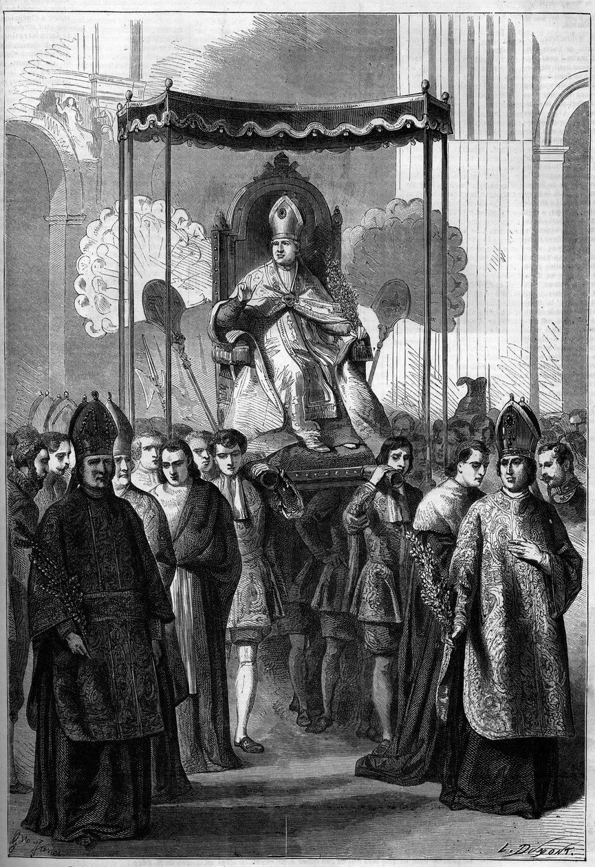 Påven Pius IX (1792-1878) bär procession till Peterskyrkan i Rom (Italien) på palmsöndagen 1861. Gravyr i "" Le Monde Illustré"" nr 209 av den 13 april 1861. av French School
