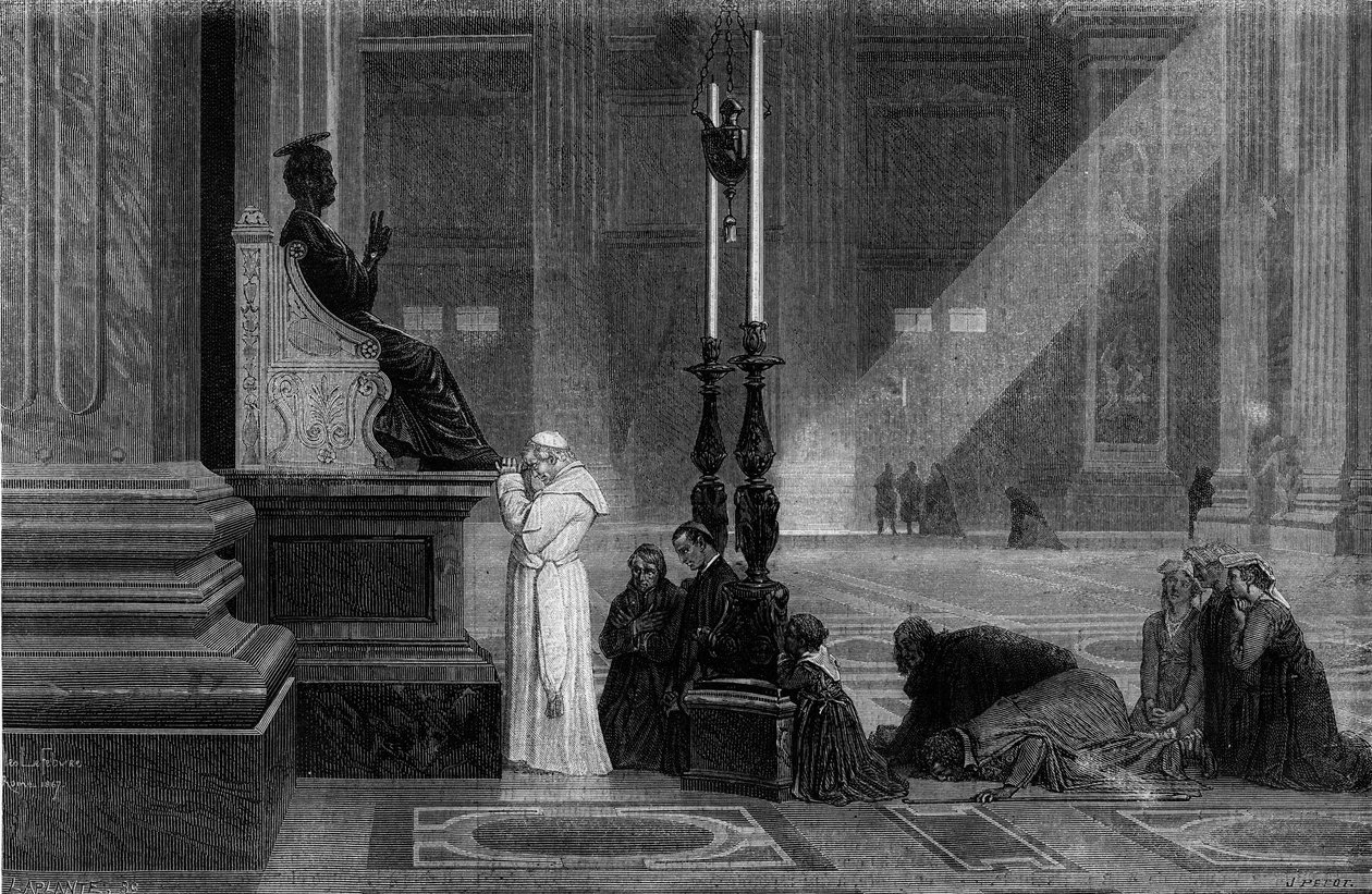 Påven Pius IX (1792-1878) bad nära Petersstatyn i Peterskyrkan i Rom. Gravyr från "" Rom: beskrivning och souvenirer"" av Francis Wey, år 1870. av French School