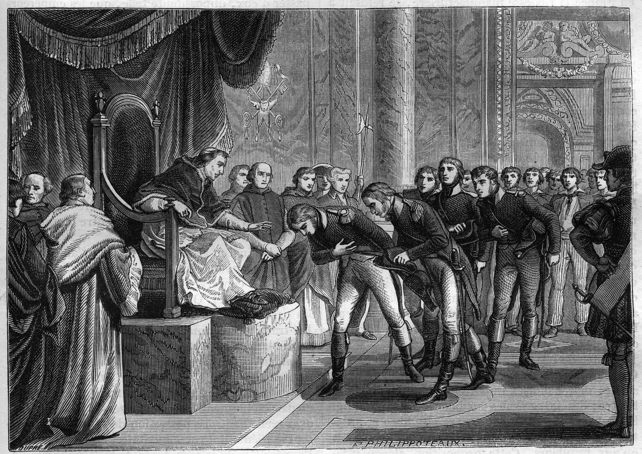 Påven Pius VII (1742-1823) som i Rom tog emot de franska sjömännens medlemmar av besättningarna på de två tegelstenarna "Sankt Peter" och Paulus"" som erbjöds som en gåva till påven av Bonaparte, augusti 1802 - Gravyr från 1865 i "Histoire du Consulate et  av French School