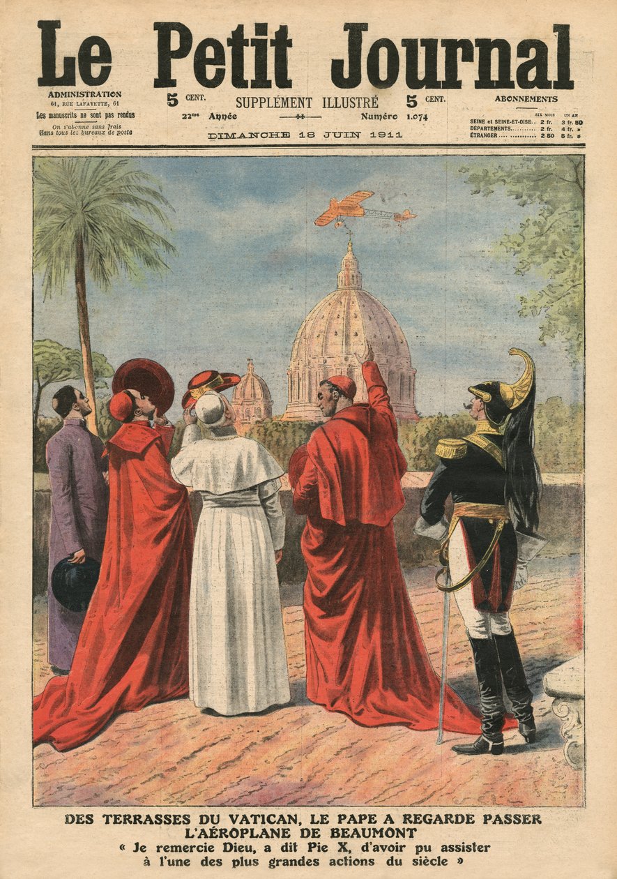 Påven Pius X tittar på Andre Beaumonts flygplan som flyger över Rom från Vatikanens terrass, illustration från 