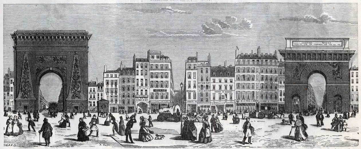 Porte Saint-Denis och rue faubourg Saint Denis - porte saint Martin och rue faubourg Saint-Martin Gravyr i "" Tableau-de-Paris"" av Edmond Texier (1815-1887) av French School