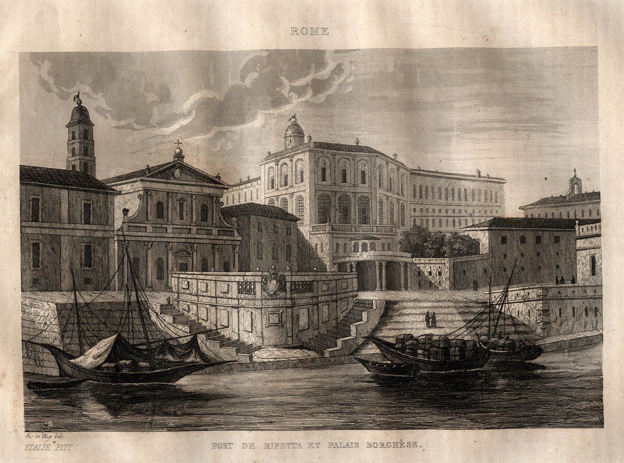 Porto di Ripetta och Palazzo Borghese - Rom - Gravyr från "" Pittoreska Italien" - Historisk och beskrivande målning av Italien" av M. de Norvins, Ch. Nodier 1834-1836. av French School