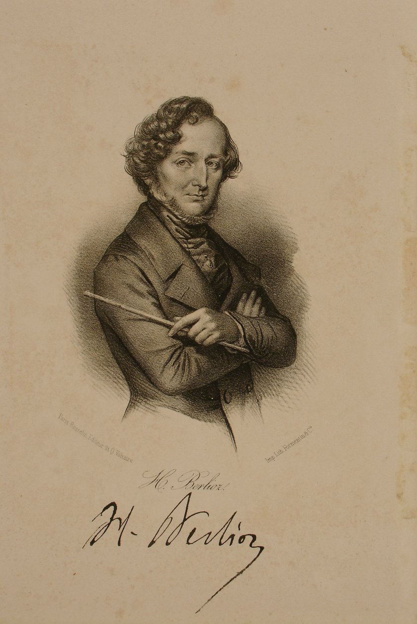 Porträtt och signatur av Hector Berlioz (1803-69) av French School