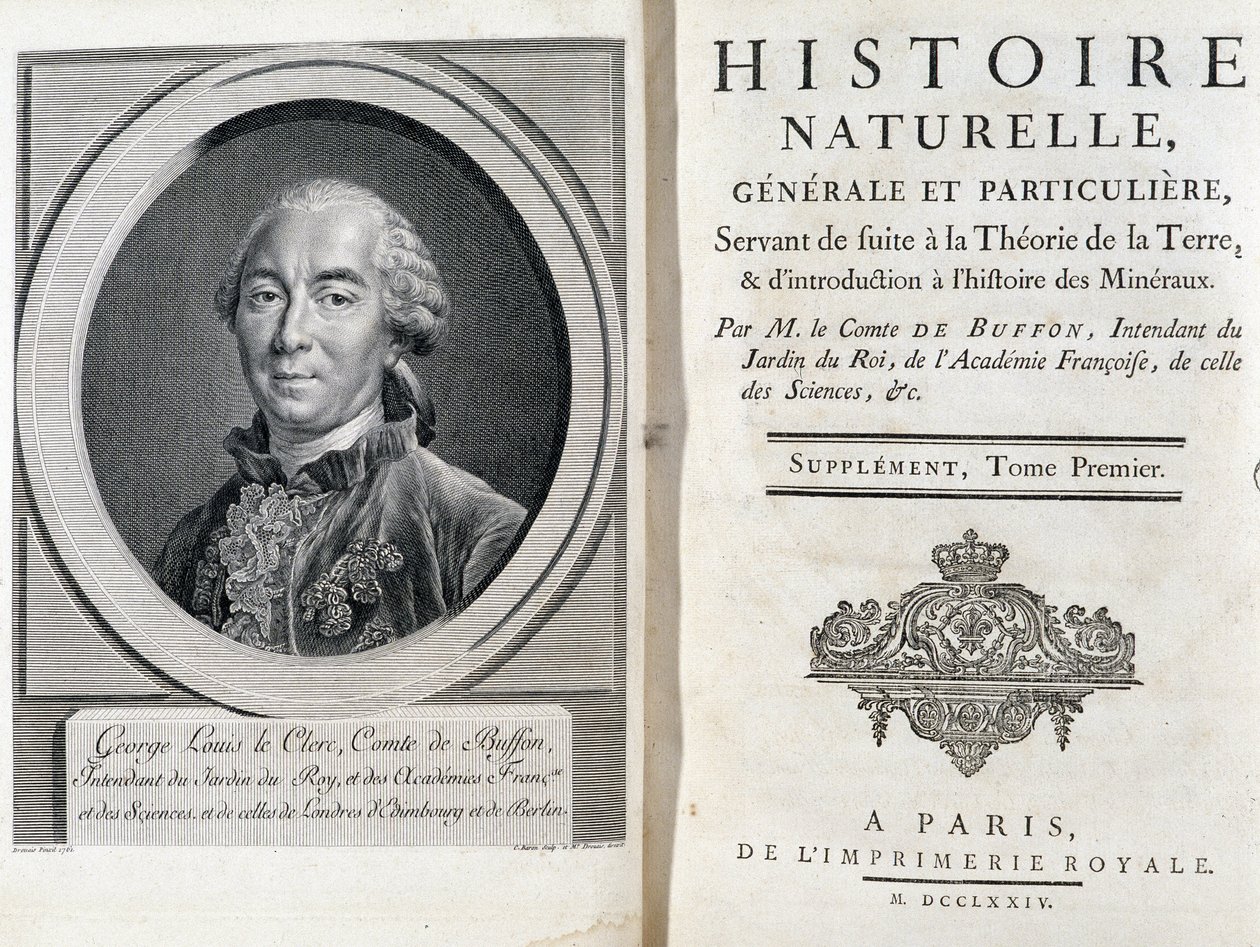 Porträtt och titelsida av "" Natural, general and special history"" av Buffon av French School