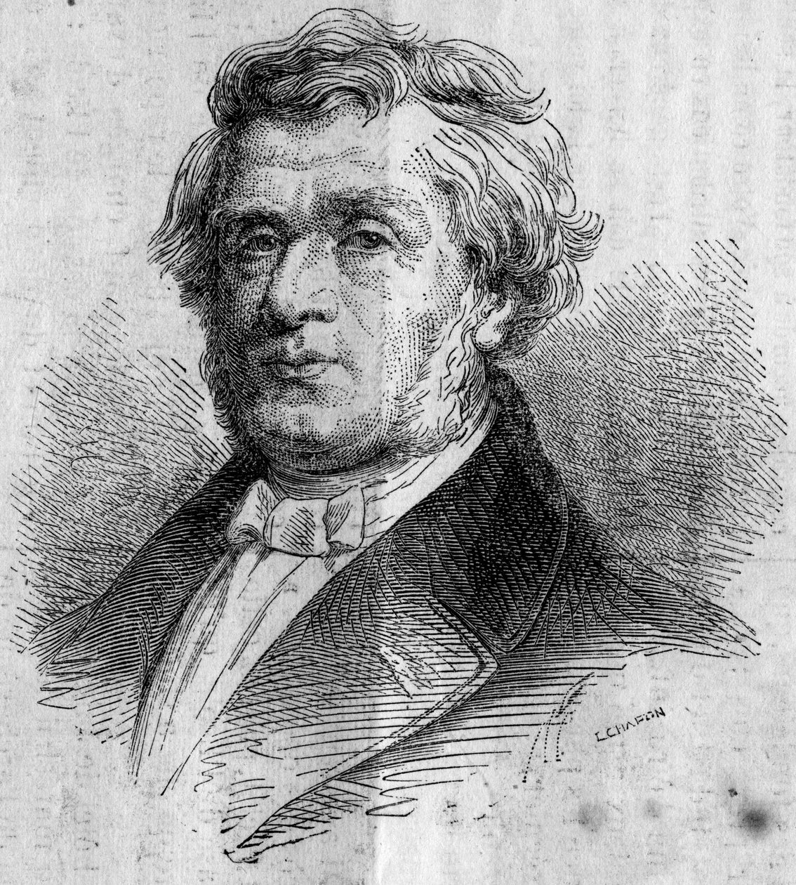 Porträtt av Alphonse Lavallee (1791-?), Nantes affärsman, grundare av Ecole Centrale des Arts et Manufactures (eller Ecole Centrale Paris) som utbildar ingenjörer. Gravyr i ""Le Monde Illustre"" nr 346 den 28 november 1863. av French School