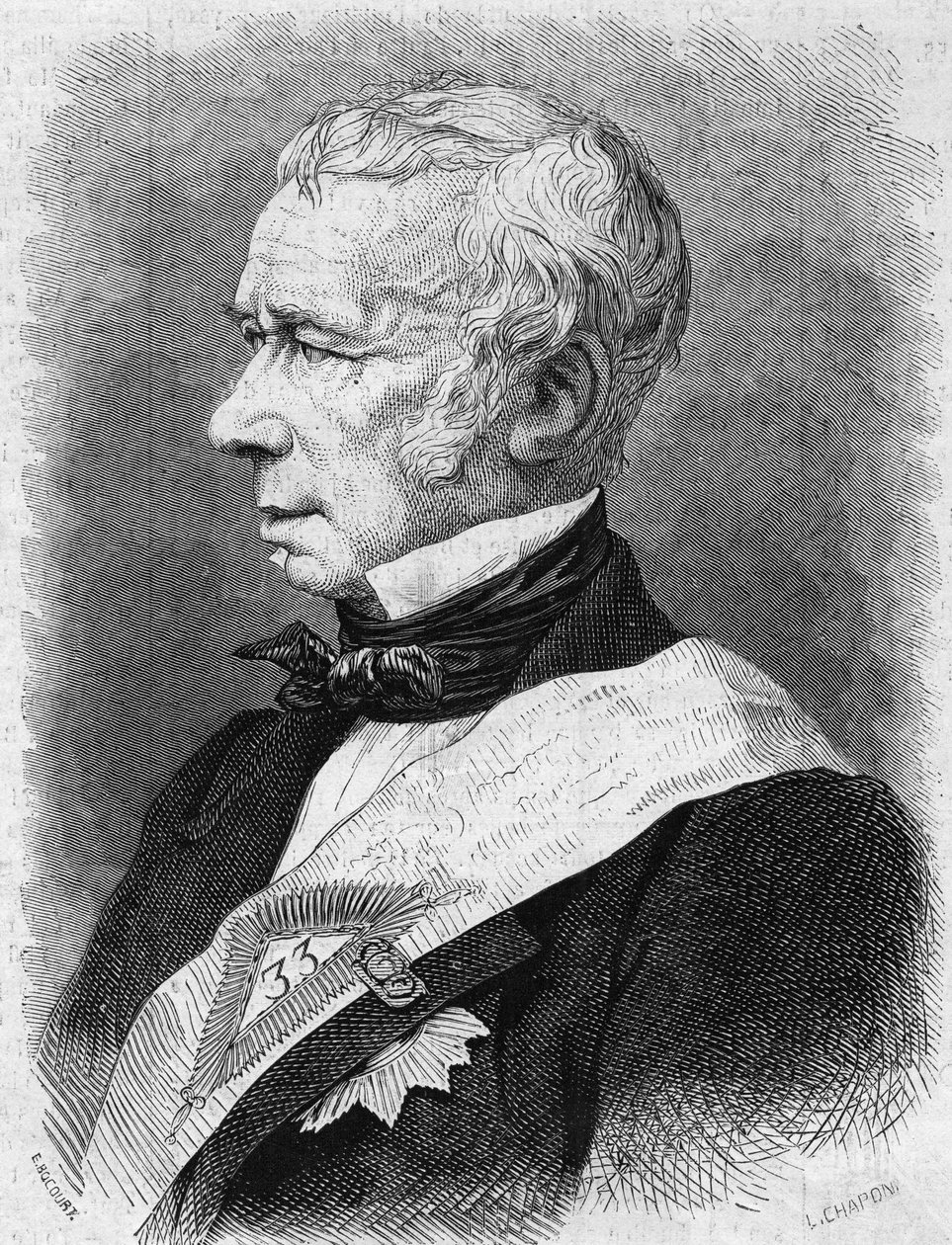 Porträtt av Jean Pons Guillaume Viennet (1777-1868), fransk politiker, poet och dramatiker, medlem av Academie Francaise. Gravyr i ""Le Monde Illustre"" nr 586 den 4 juli 1868. av French School