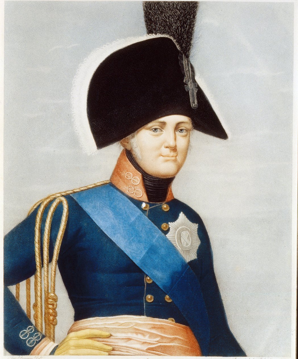 Porträtt av tsaren Alexander I Pavlovich (1777-1825) (Porträtt av kejsaren Alexander I). Iklädd det blå skärp av riddarna av den helige Andeorden och de broderade insignierna från den kejserliga Andreasorden. Verk av en fransk mästare, litografi mi av French School