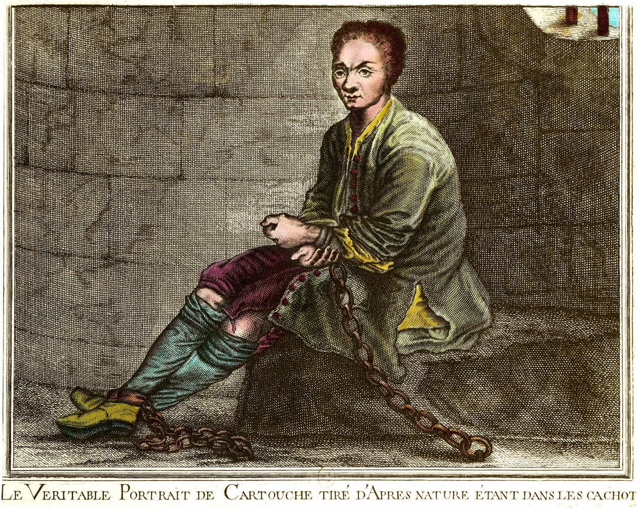 Porträtt en pied av Louis Dominique Cartridge (1693-1721), fransk brigand i sin fängelsehåla Gravering av 1700-talets privatsamling av French School