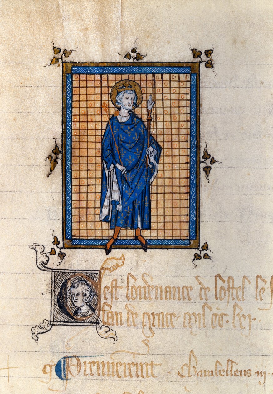 Hellängdsporträtt av Saint Louis in Majesty (Louis IX) (1214-1270) Miniatyr hämtad från "Register of Ordinances of the Hotel du Roi"". Paris, Riksarkivet av French School