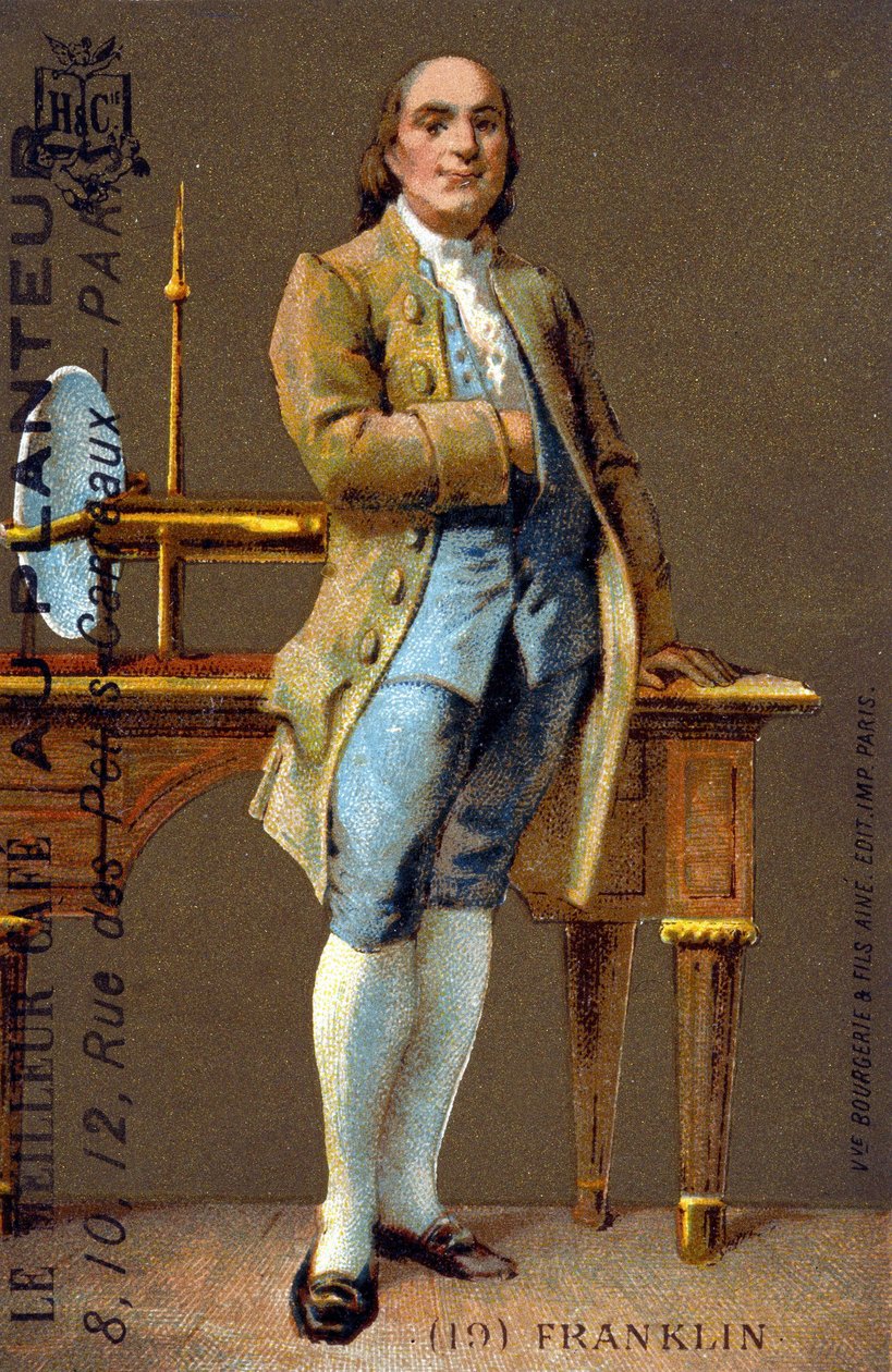 Porträtt i fot av Benjamin Franklin, amerikansk politiker och fysiker (1706-1790) - krom, deb. 1900-talet av French School