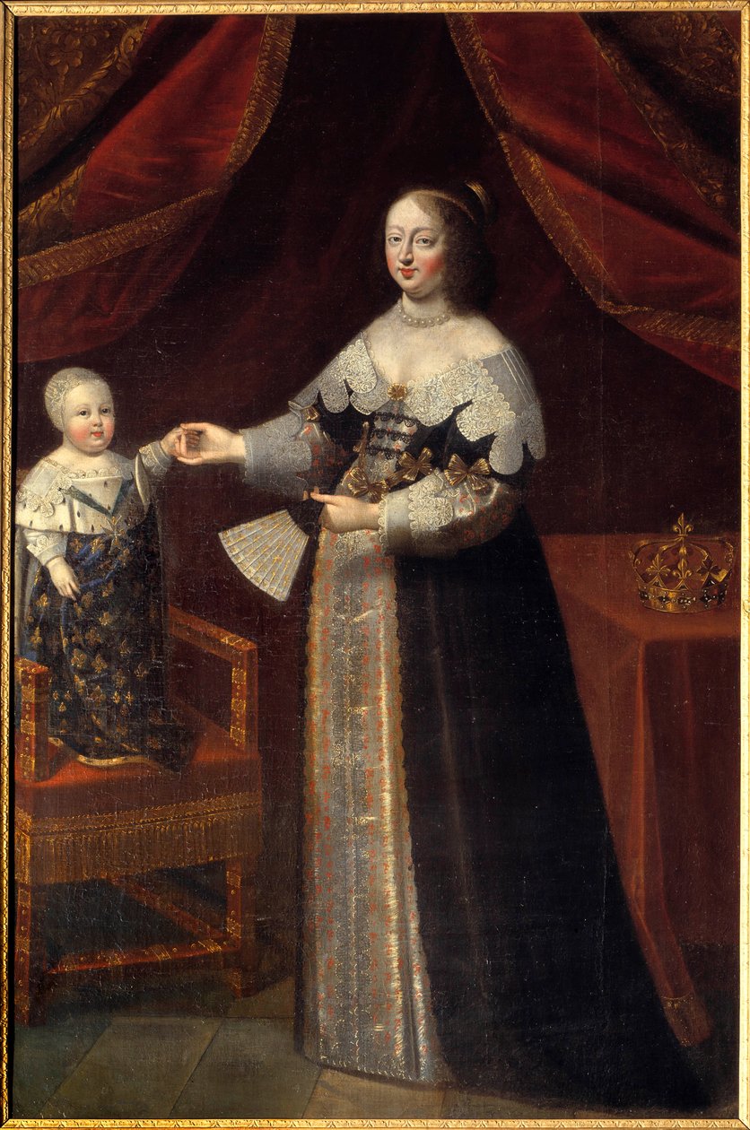 Porträtt till fots av Anne av Österrike (1601-1666), Frankrikes drottning med Ludvig XIV-barn Målning av den franska skolan på 1600-talet. Chambord, slottsmuseum av French School
