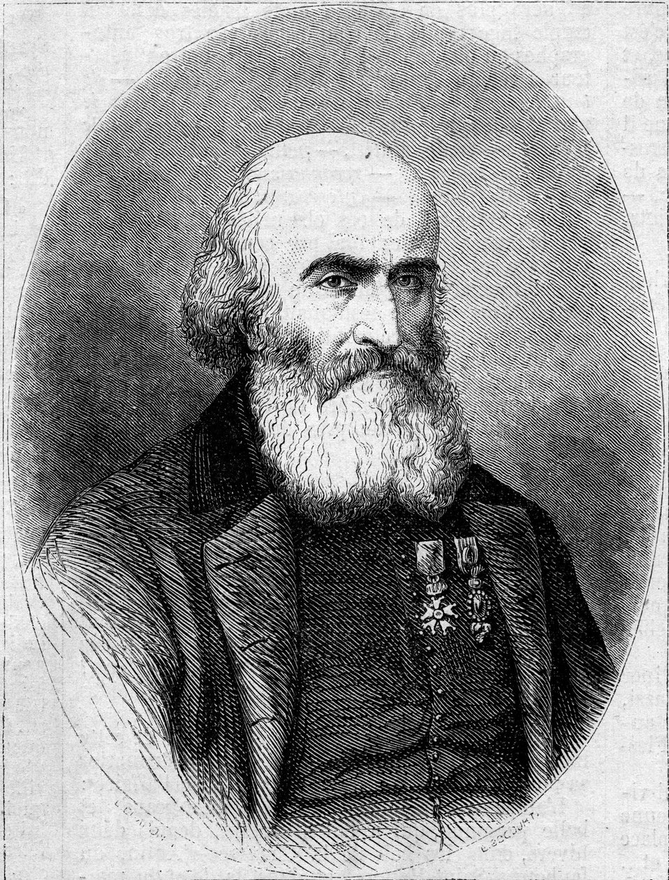 Porträtt av Abbe Francois Bourgade (1806-1866), Chamonier av Saint Louis Chapel i Carthage (Tunisien). Gravyr i "" Le Monde Illustré"" nr 251 av 1 februari 1862. av French School