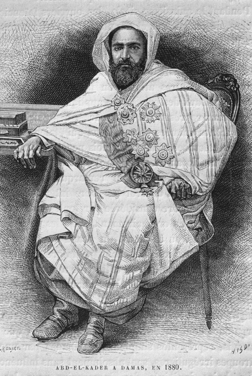 Porträtt av Abd el-Kader i Damaskus 1880 (1808-83), från Syrien idag. Reser i Fenicien, Libanon och Judéen. 1875-1880 av Louis Charles Emile Lortet, 1884 (bw gravyr) av French School