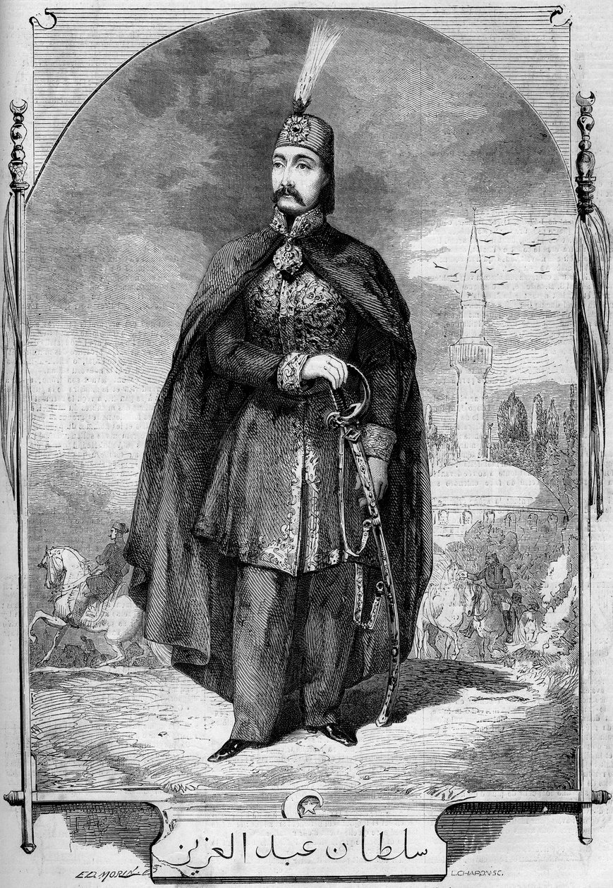 Porträtt av Abdul Aziz (Abd-ul-Aziz eller Abd Ul Aziz eller Abdulaziz) 1830-1876), sultan från det osmanska riket. Gravyr i "" Le Monde Illustré"" nr 224 av 27 juli 1861. av French School