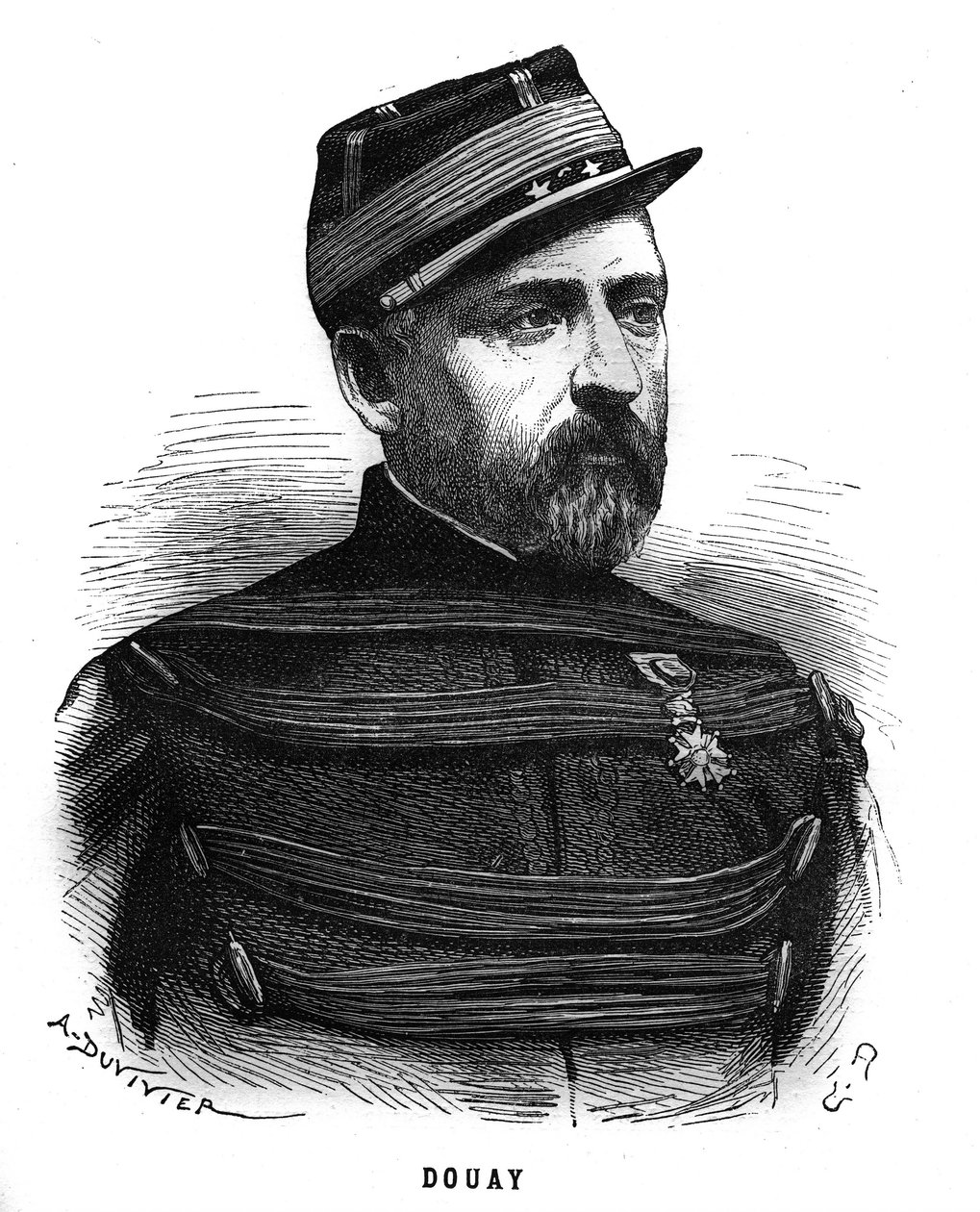 Porträtt av Abel Douay (1809-1870), en fransk general. Gravyr i "Les Illustrations De L