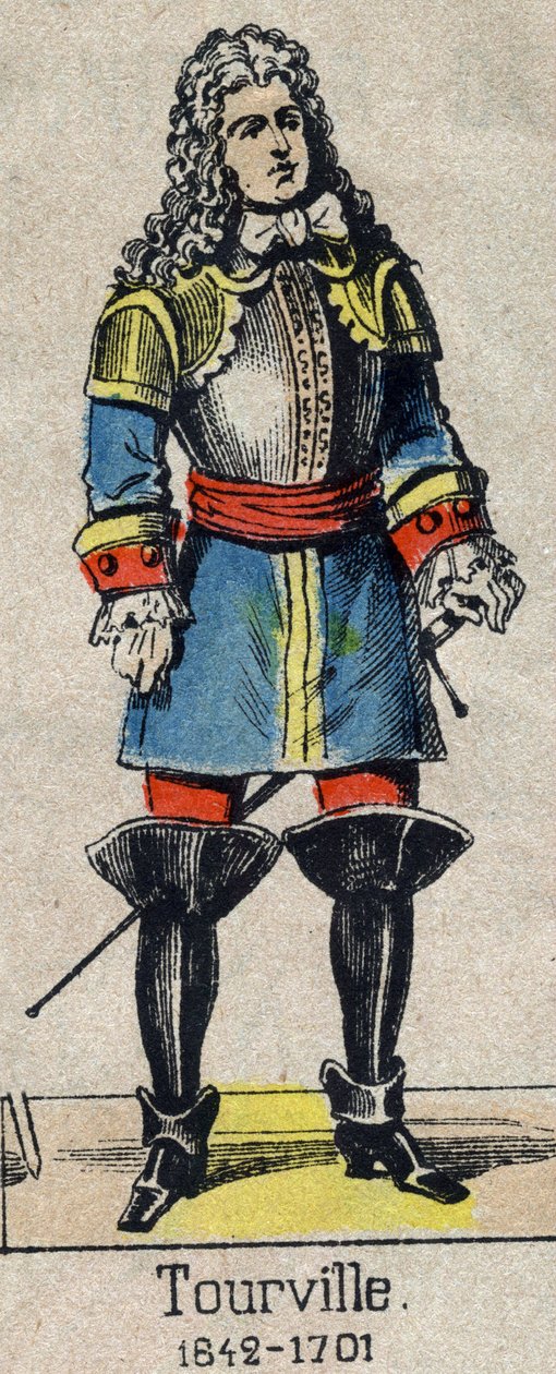 Porträtt av amiral Anne Hilarion av Costentin (Cotentin), greve av Tourville (1642-1701). Bild på Epinal från slutet av 1800-talet. av French School