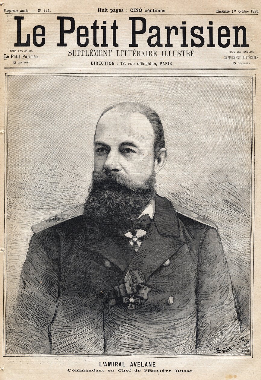 Porträtt av amiral Avelane, befälhavare för den ryska skvadronen. En av tidningen "Le Petit Parisien"" den 1/10/1893. av French School